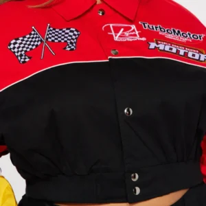 womens red boxy fit need for speed bomber jacket buttoned