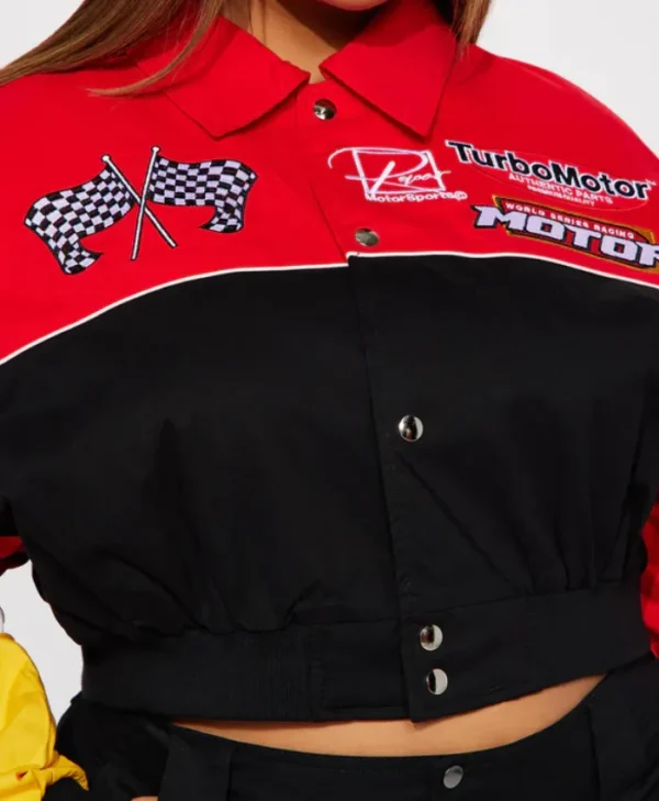 womens red boxy fit need for speed bomber jacket buttoned