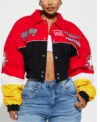 womens red boxy fit need for speed bomber jacket front