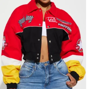 womens red boxy fit need for speed bomber jacket front