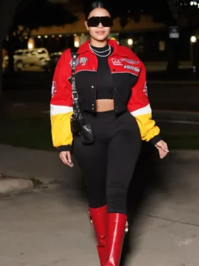 womens red boxy fit need for speed bomber jacket main