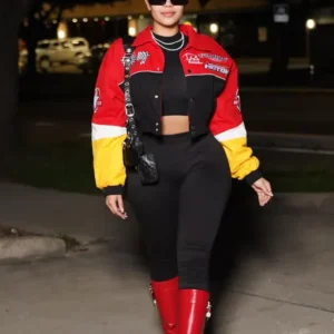 womens red boxy fit need for speed bomber jacket main