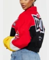 womens red boxy fit need for speed bomber jacketback side