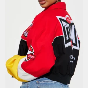 womens red boxy fit need for speed bomber jacketback side
