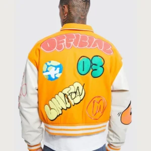 yellow boxy fit graffiti varsity jacket back