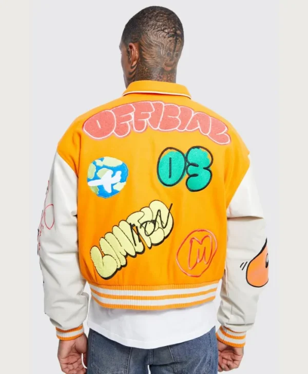 yellow boxy fit graffiti varsity jacket back