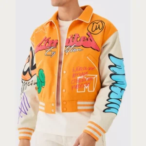 yellow boxy fit graffiti varsity jacket main