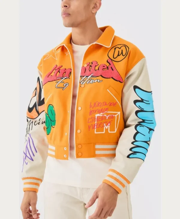 yellow boxy fit graffiti varsity jacket main