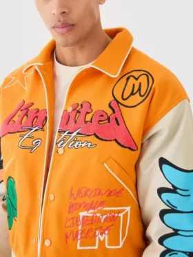 yellow boxy fit graffiti varsity jacket patched