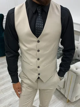 3 Piece Beige Mens Wedding Suits Vest