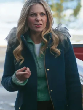 A Christmas Less Traveled Candace Cameron Bure Hooded Blue Coat