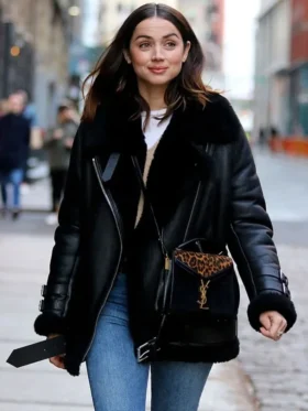 Ana De Armas Black Leather Shearling Biker Jacket For Sale