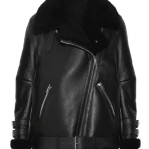 Ana De Armas Black Leather Shearling Biker Jacket Front