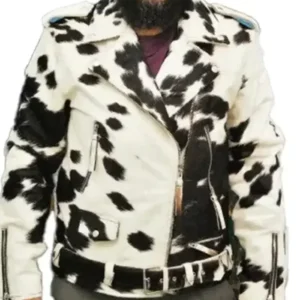 Biker Style White And Black Cowhide Fur Jacket