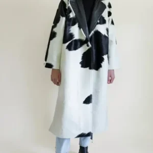 Black And White Cowhide Fur Leather Long Coat