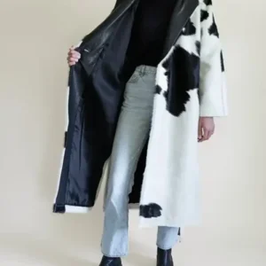 Black And White Cowhide Fur Leather Long Coat Open