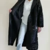 Black Cowhide Fur Pattern Leather Long Coat Open