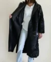 Black Cowhide Fur Pattern Leather Long Coat Open