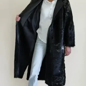 Black Cowhide Fur Pattern Leather Long Coat Open