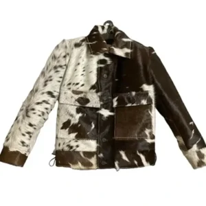 Brown And White Cowhide Fur Leather Trucker Jacket 