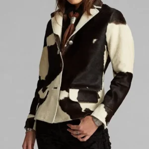 Brown And White Leather Cowhide Fur Blazer