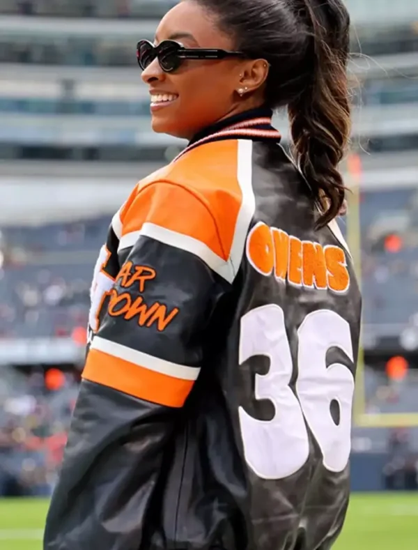 Chicago Bears Simone Biles Owens Leather Varsity Jacket Back