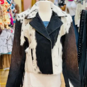 Cowhide Fur Black And White Biker Collar Jacket