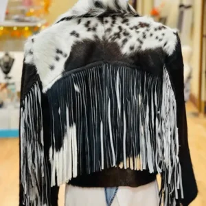 Cowhide Fur Black And White Biker Collar Jacket Back
