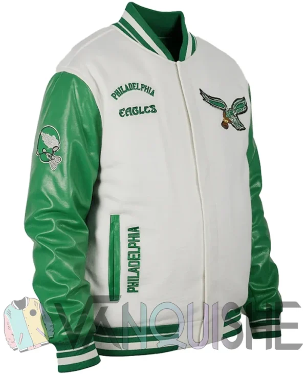 Cream Philadelphia Eagles Retro Varsity Jacket left