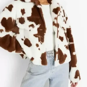 Cropped Brown And White Cowhide Fur Jacket