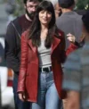 Dakota Johnson Madame Web Maroon Leather Jacket For Sale