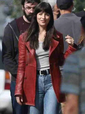Dakota Johnson Madame Web Maroon Leather Jacket For Sale