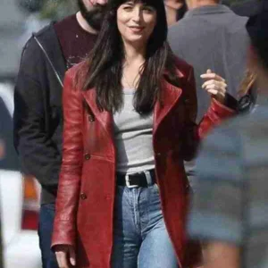 Dakota Johnson Madame Web Maroon Leather Jacket For Sale