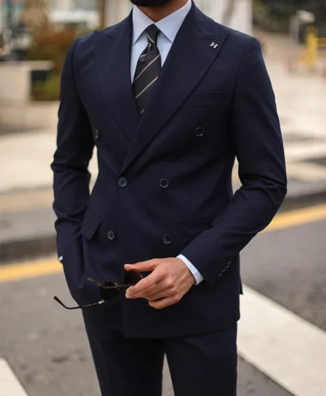 Men'S Peak Lapel Two Toned Tuxedo Vested Suit Dark Navy Blue Suit For Men main image 0