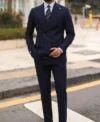 Dark Blue Mens Peak Lapel Two Piece Suit Stand Up