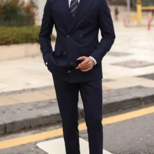 Dark Blue Mens Peak Lapel Two Piece Suit Stand Up