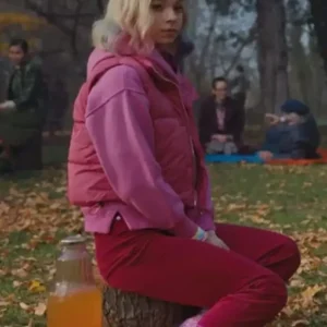 Enid Sinclair Wednesday Pink Puffer Vest