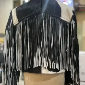 Fringe Style Black And White Leather Cowhide Fur Jacket Back