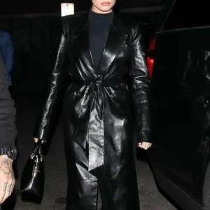 Hailey Bieber Black Leather Coat For Sale