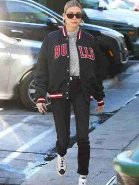 Hailey Bieber Bulls Varsity Polyster Jacket For Sale