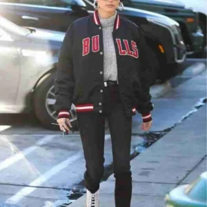 Hailey Bieber Bulls Varsity Polyster Jacket For Sale