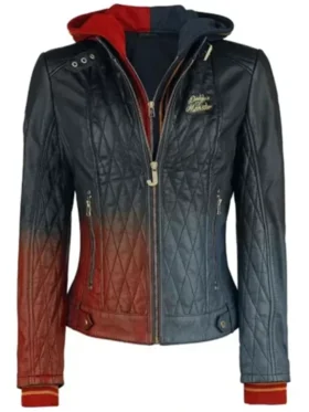 Iconic Diamond Pattern Red and Black Harley Quinn Leather Jacket
