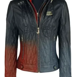 Iconic Diamond Pattern Red and Black Harley Quinn Leather Jacket
