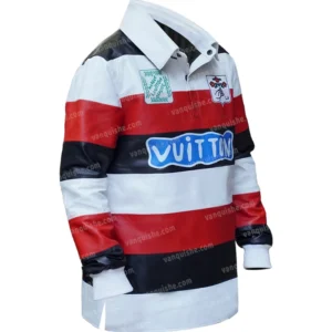 LV Red Leather Intarsia Rugby Polo Jacket Left Side