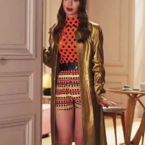 Lily Collins Emily in Paris Golden Leather Trench Coat