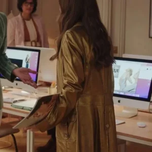 Lily Collins Emily in Paris Golden Leather Trench Coat For Sale