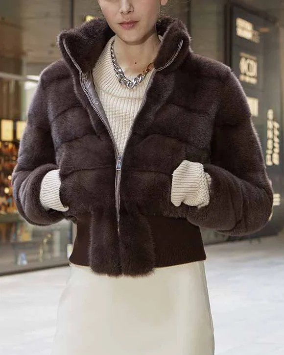Shop Mary Cropped Brown Fur Bomber Jacket Vanquishe Jacket