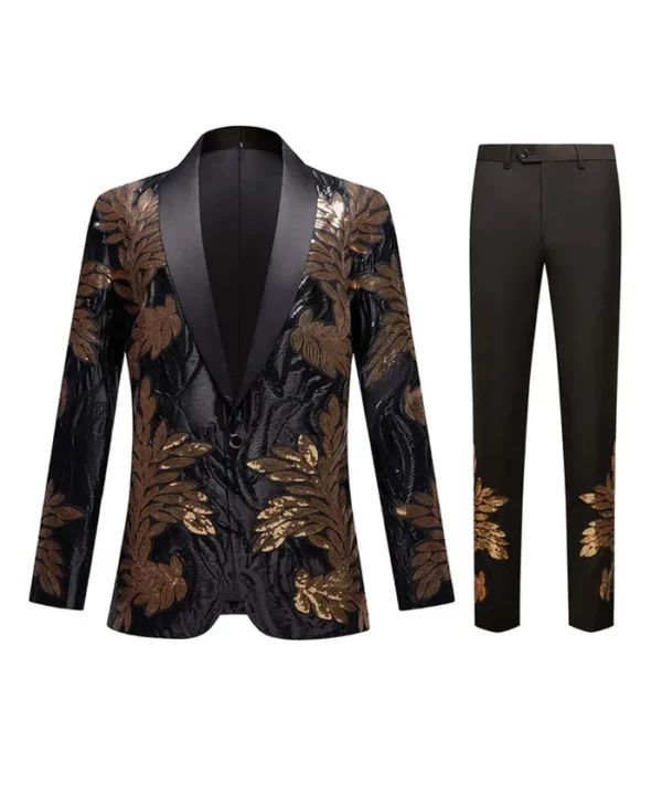 Mens 2 Piece Sequin Golden Leaves Embroidery Tuxedo