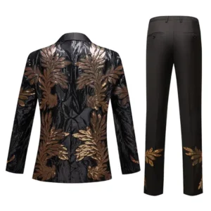 Mens 2 Piece Sequin Golden Leaves Embroidery Tuxedo Back
