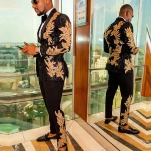 Mens 2 Piece Sequin Golden Leaves Embroidery Tuxedo Main